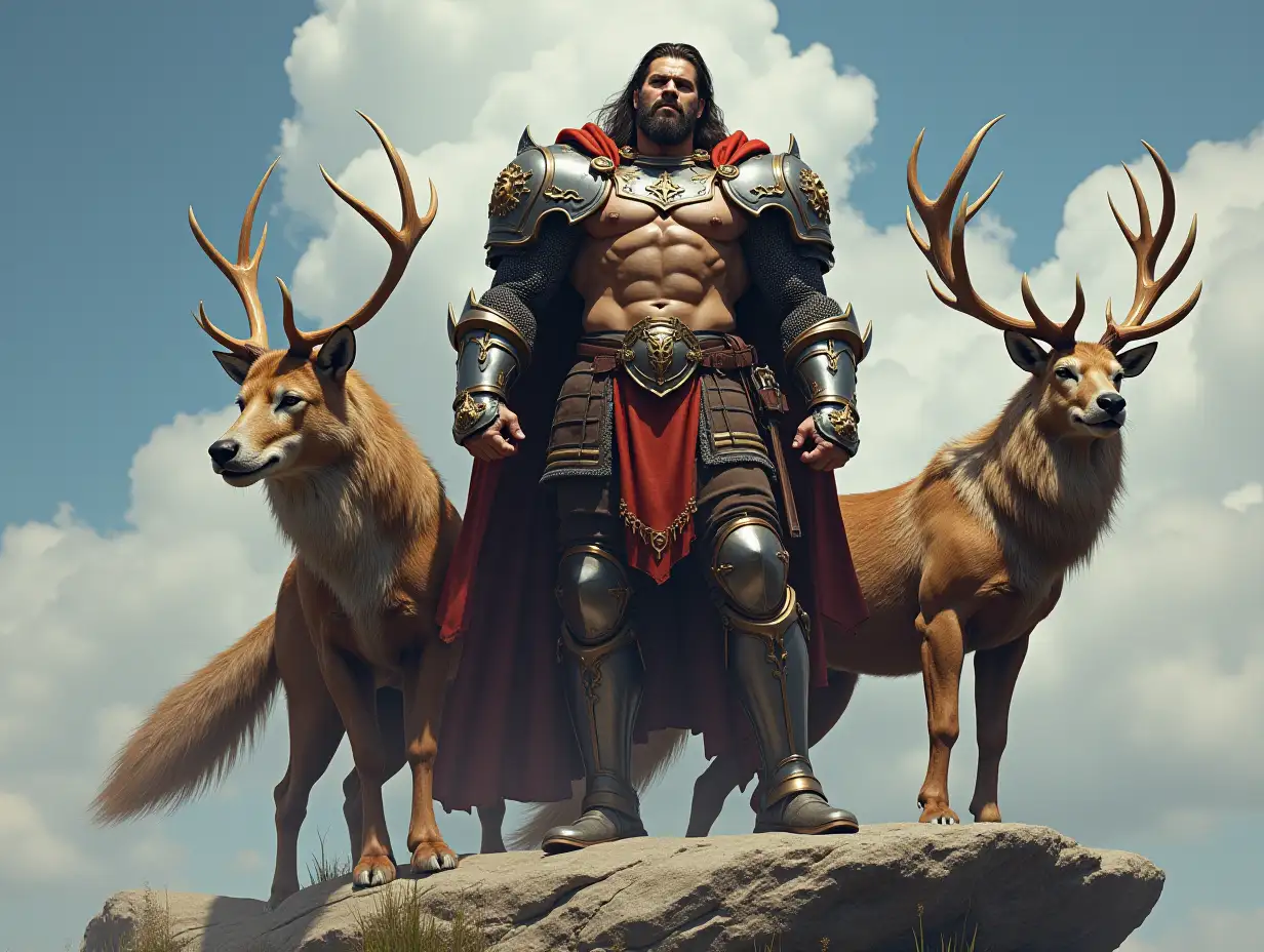 A very detailed photo. A full body representation of an Animal-Hybrid bodybuilder with knight's armor and elk and wolf on a rock