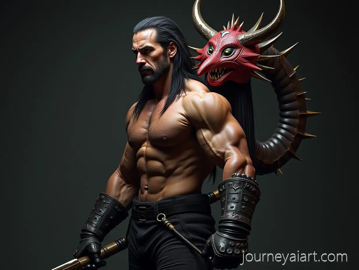 Muscular-Man-with-TTengu-warrior-portraitengu-Mask-and-Metallic-Armor-in-Dynamic-Battle-Pose