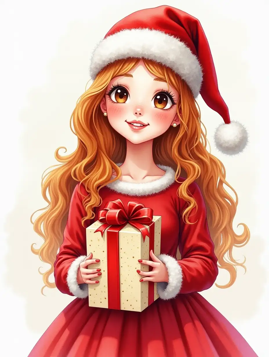 photo-realistic airy realistic watercolor, photorealism, broad strokes, a gentle girl of European appearance with long-haired reddish curls, drawing eyelashes, smiling playfully with joy and embarrassment, rosy cheeks freckles, a red Santa hat on her head, dressed in a red shiny fluffy dress.Holds a beautiful gift with a red bow, complex perspective, full-length, watercolor, fantasy, ink, beautiful, 4k, high detail