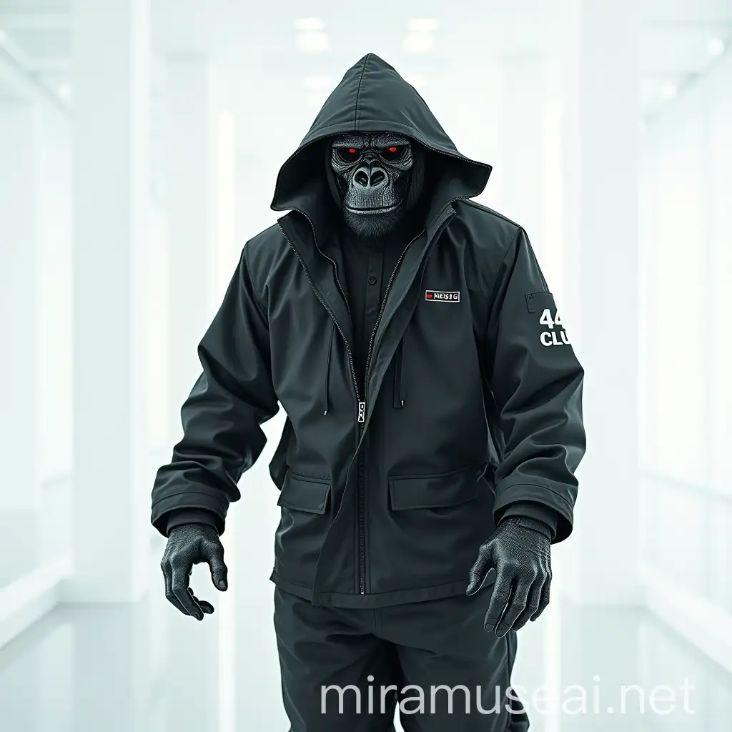 Futuristic Cyberdemon Gorilla in Black and White Suit at Fashion Show