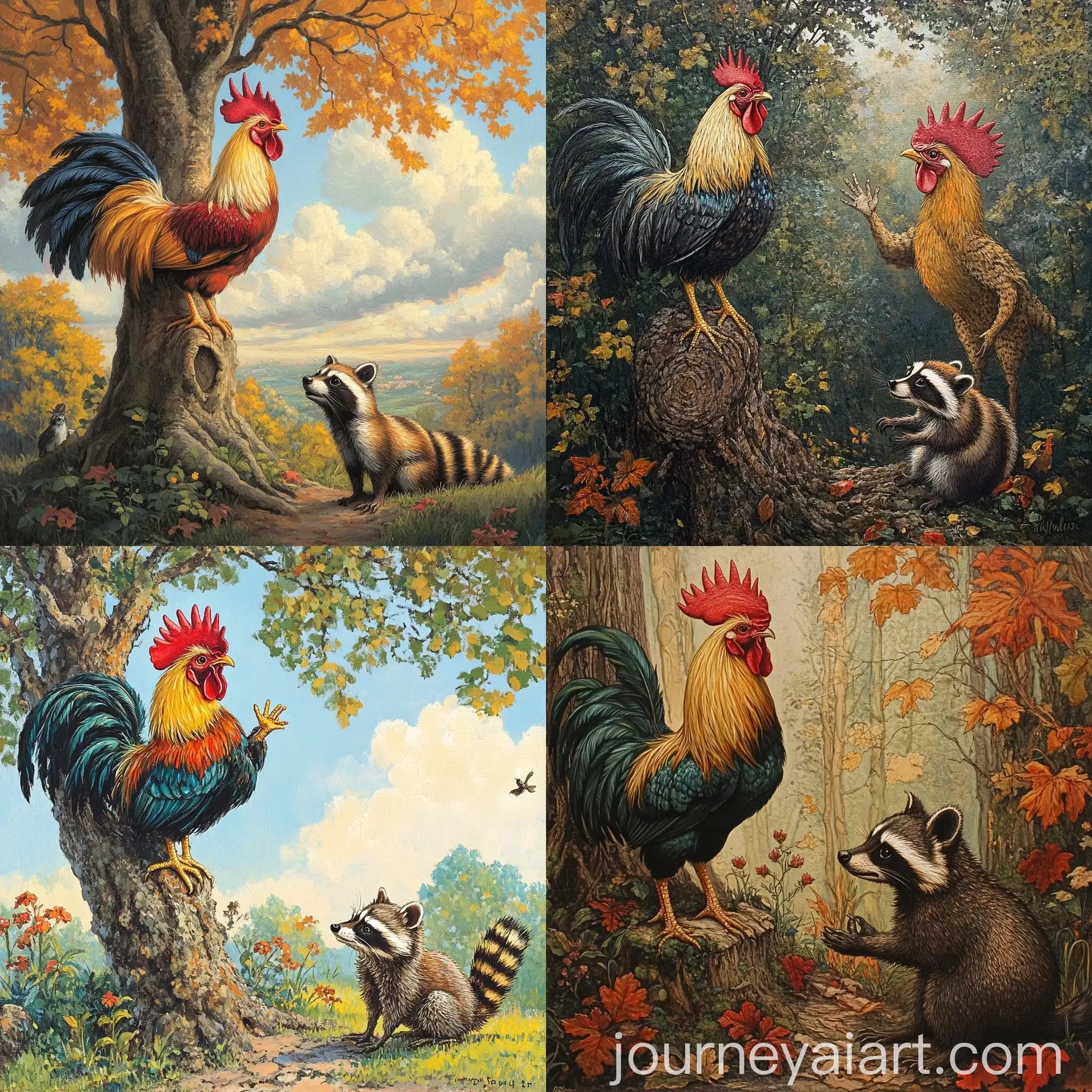 Forest-Conversation-Rooster-and-Raccoon-Interaction
