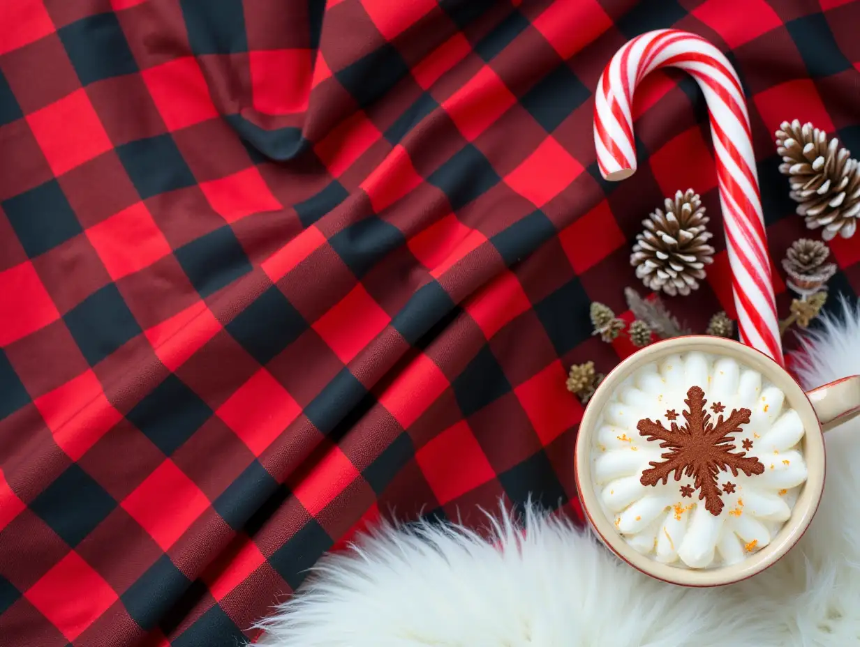 Cozy Winter Background with Red and Black Plaid and Hot Cocoa