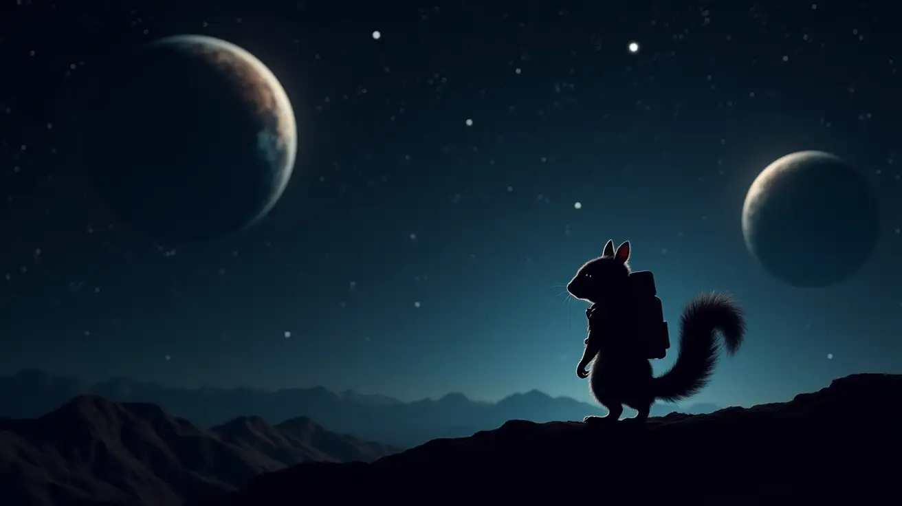 Silhouette-of-a-Military-Squirrel-Space-Traveler-Gazing-at-the-Night-Sky-with-Planets