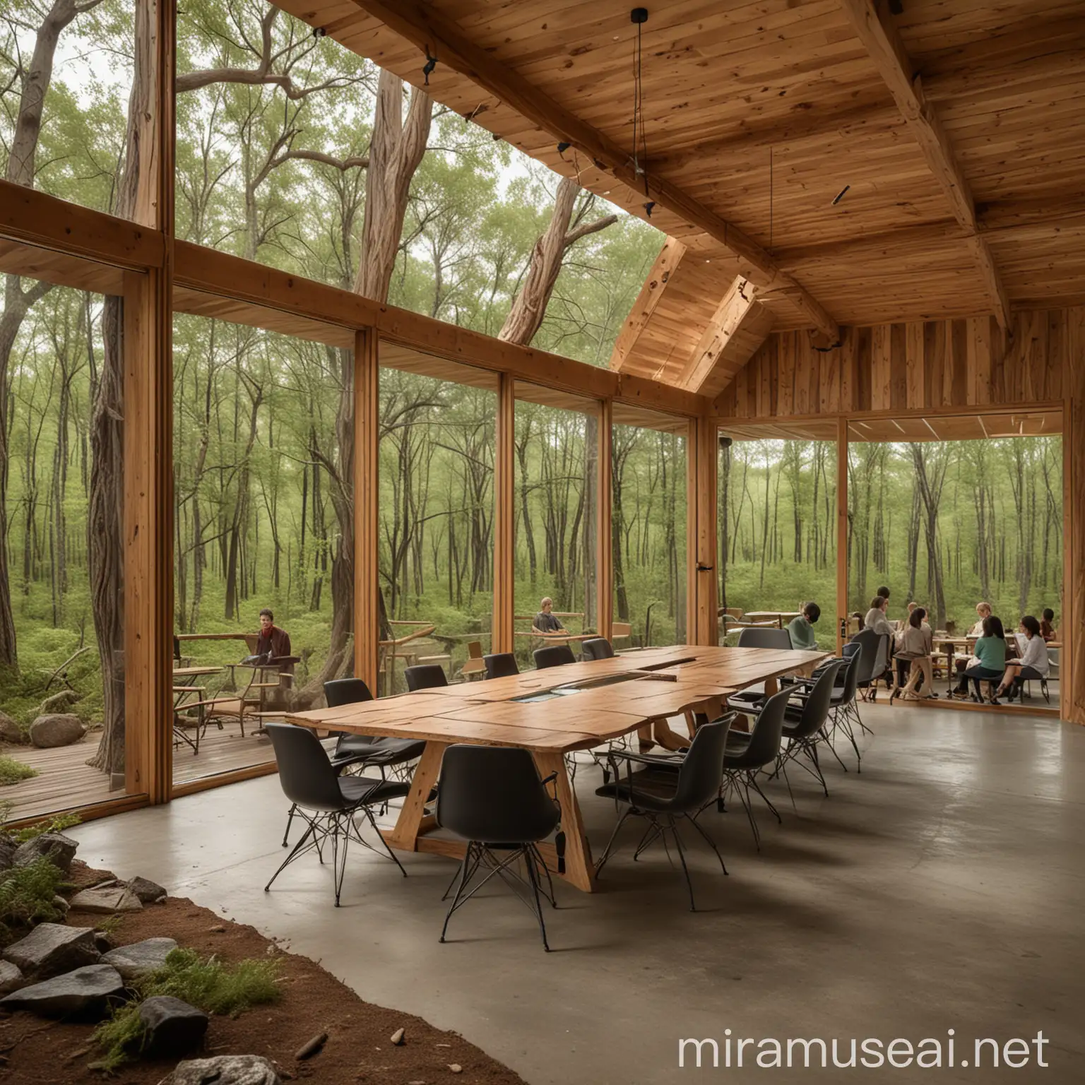 Children and Students in Wooden and Glass Conference Room Amid Wilderness