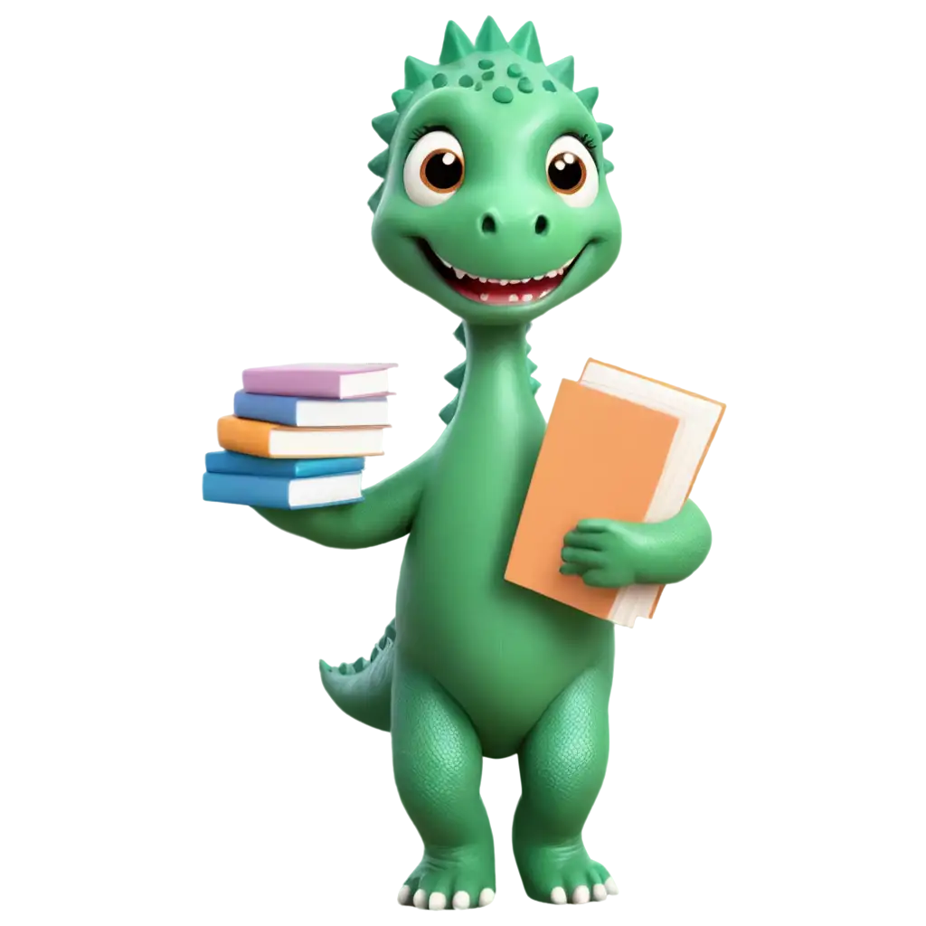 Adorable-Gradient-Color-Dinosaur-Holding-Stack-of-Books-PNG-Image