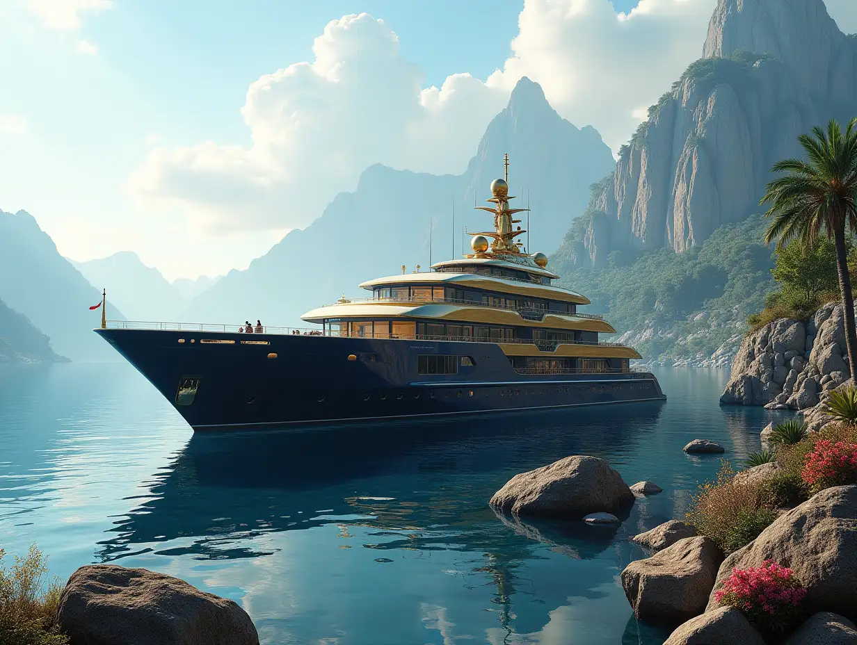 Create a high-resolution realistic image in 4k resolution a futuristic gold building with black and blue, a mountain of large trees, rocks flowers a futuristic very large yacht with glass deck cloudy sky