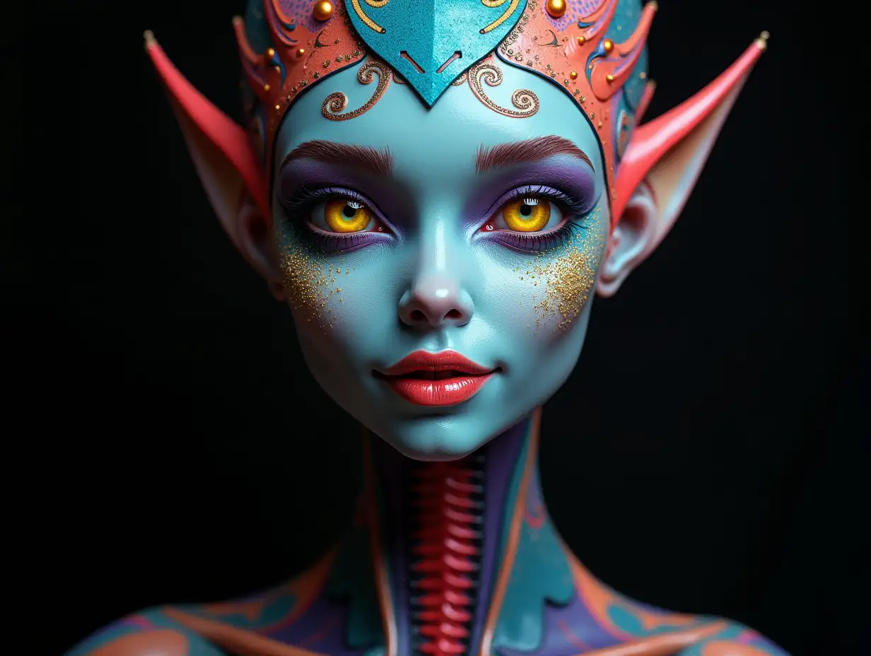 Depiction of a beautiful alien with makeup, shimmering around the eyes with a smile and intricately detailed, colorful and futuristic jewelry. black background  120-mm shot