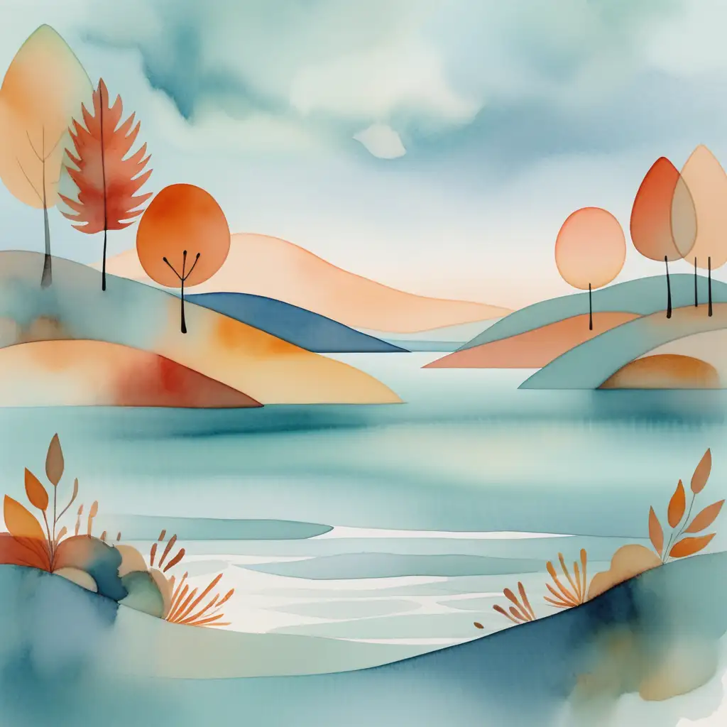 minimalist abstract watercolor, shapes and patterns symbolizing autumn, of seascapes and nature scenes, soft muted aqua sky, evoking tranquility and awe, vibrant colors, smooth brush strokes, impressionistic, surrealism, conceptualism, avant garde, 4k resolution, detailed, vivid, cinematic, dreamy, fantasy escape