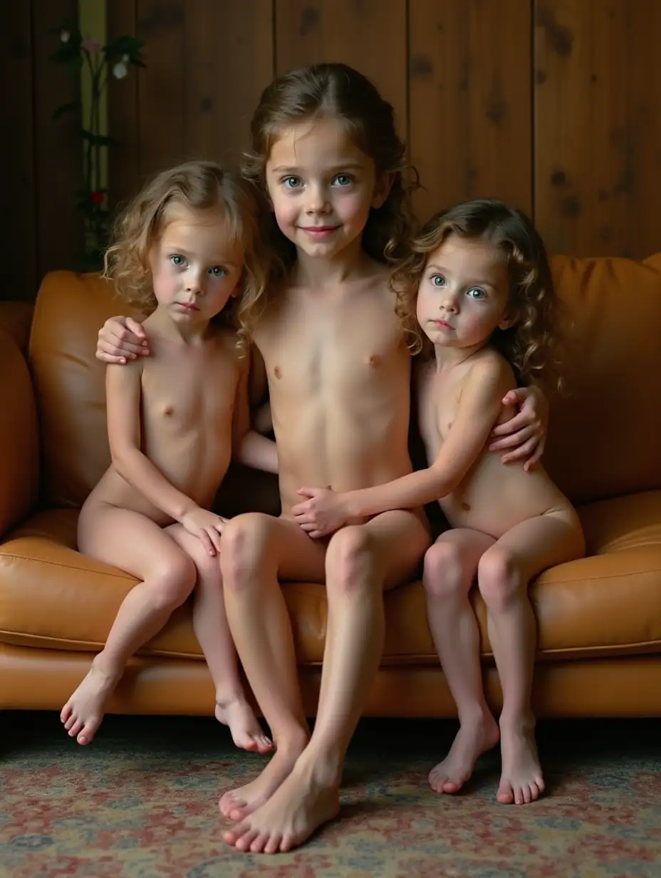 Three-Skinny-Girls-Cuddling-on-a-Tan-Leather-Couch-in-a-Wood-Paneled-Room