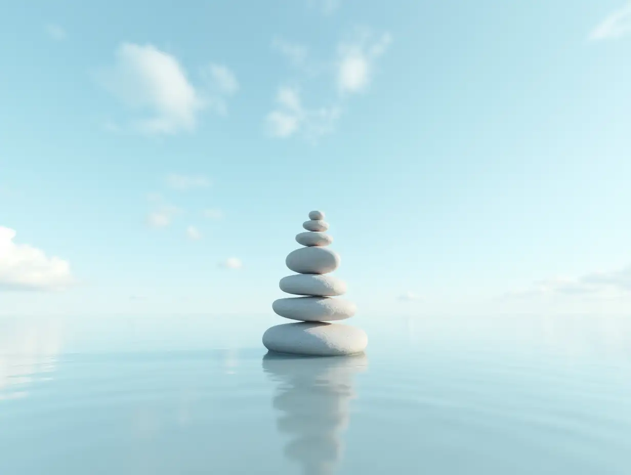 Serene-Surreal-Landscape-with-Balanced-Stones-and-Reflective-Water