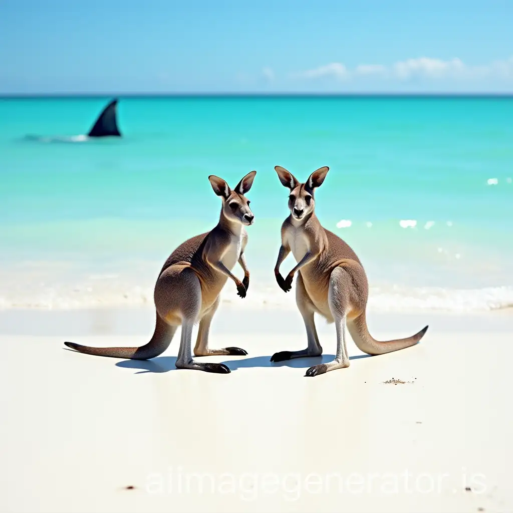 Eastern-Grey-Kangaroos-on-a-White-Sandy-Beach-with-Shark-Fin-in-the-Distance