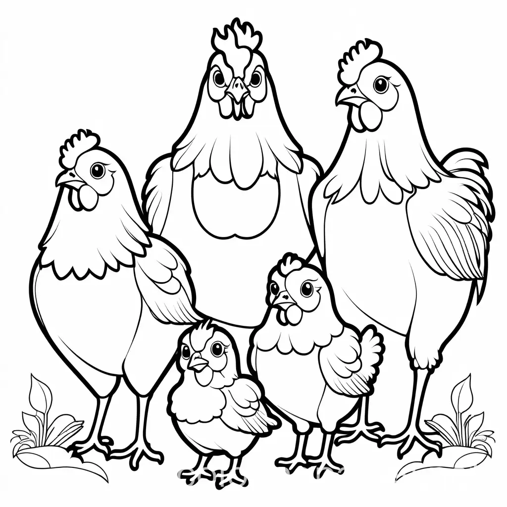 chicken family, Coloring Page, black and white, line art, white background, Simplicity, Ample White Space. The background of the coloring page is plain white to make it easy for young children to color within the lines. The outlines of all the subjects are easy to distinguish, making it simple for kids to color without too much difficulty