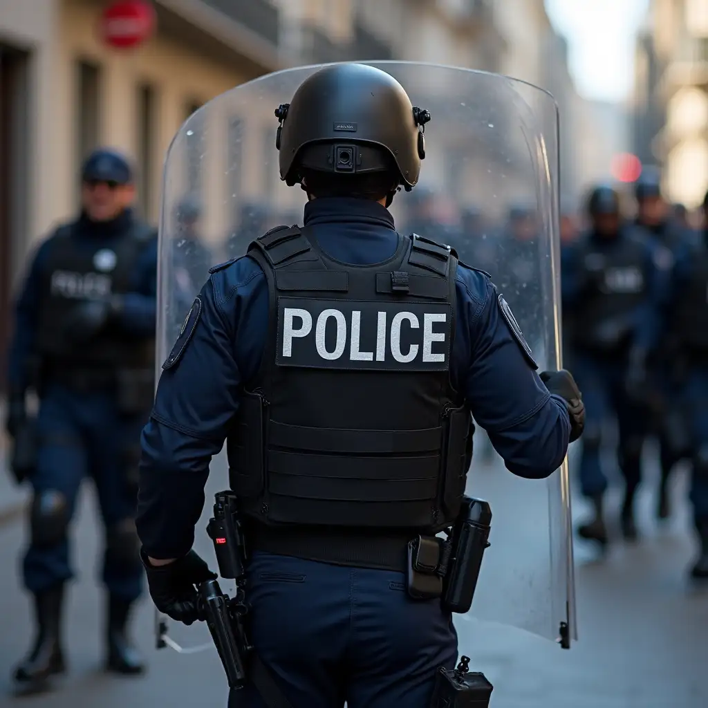 A police man take a ballistic shield