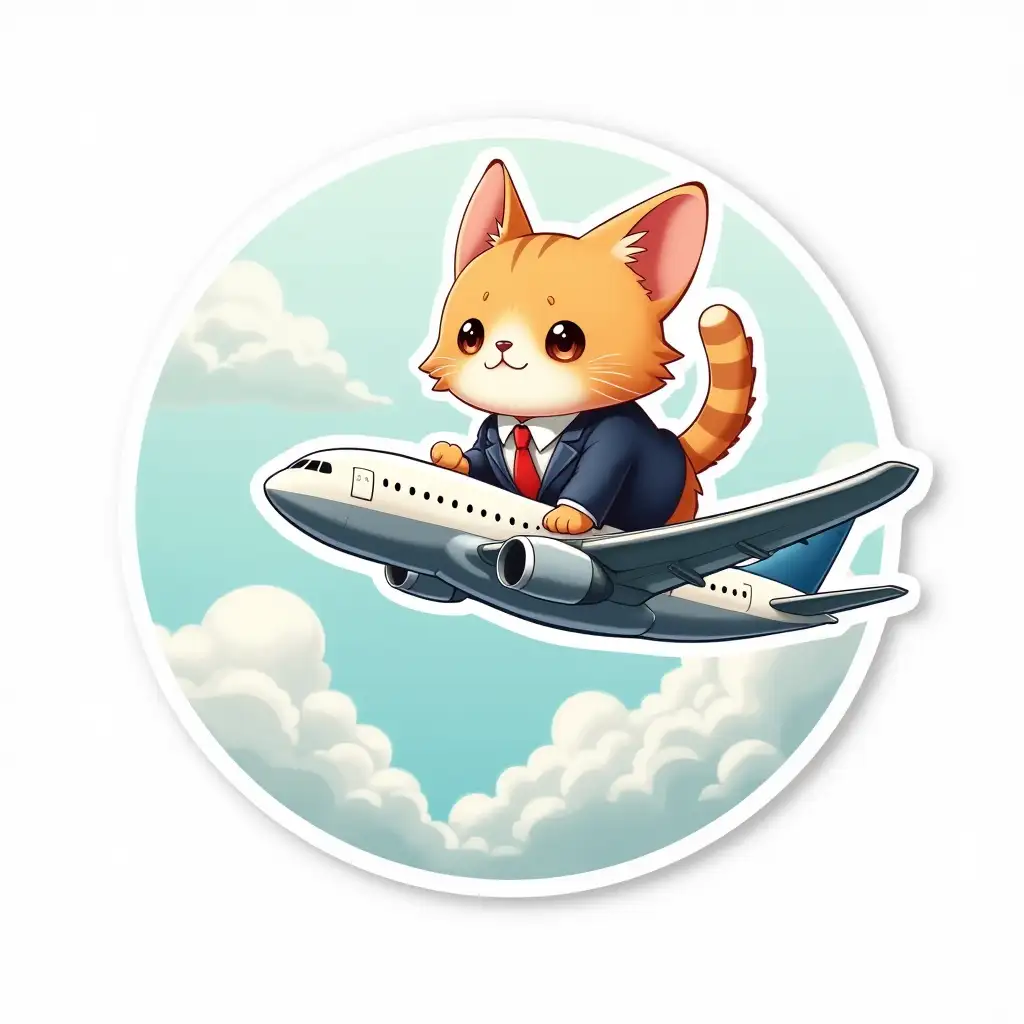 Curvilinearly cut UV laminated sticker depicting cute little cat in a business suit is flying from above riding an Boeing airplane between the clouds. cut sticker design, high resolution, white background, paint in anime style