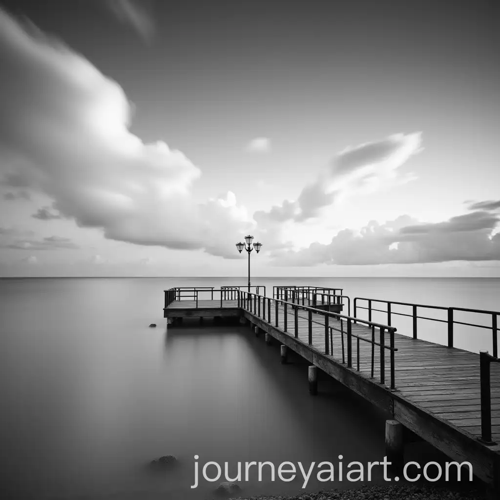 Long-Exposure-Black-and-White-Photo-of-a-Wooden-Structure-with-Iron-Railings-in-the-Sea