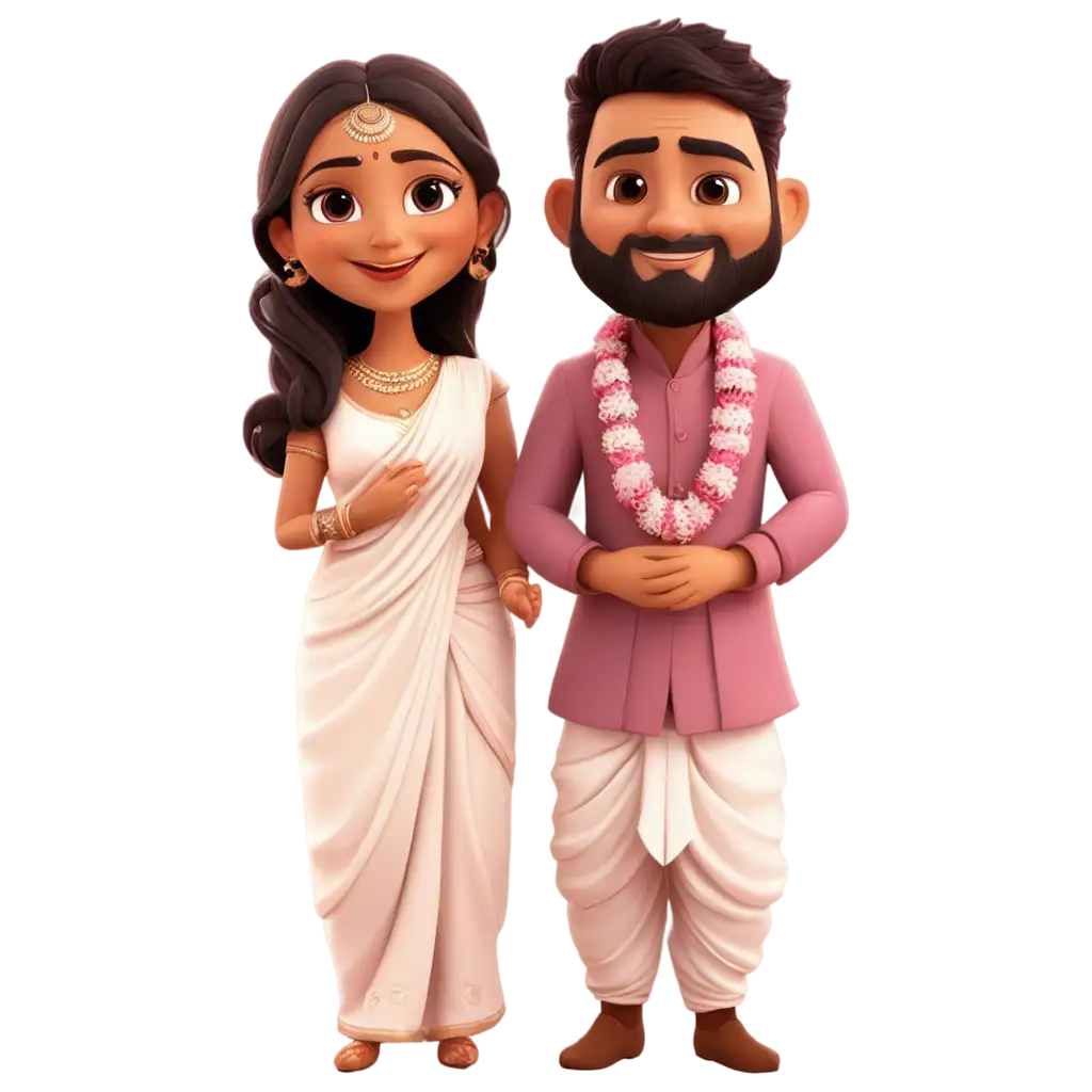 Cartoon-Indian-Wedding-Couple-PNG-Image-Bride-in-White-and-Pink-Saree-Groom-in-Dhoti