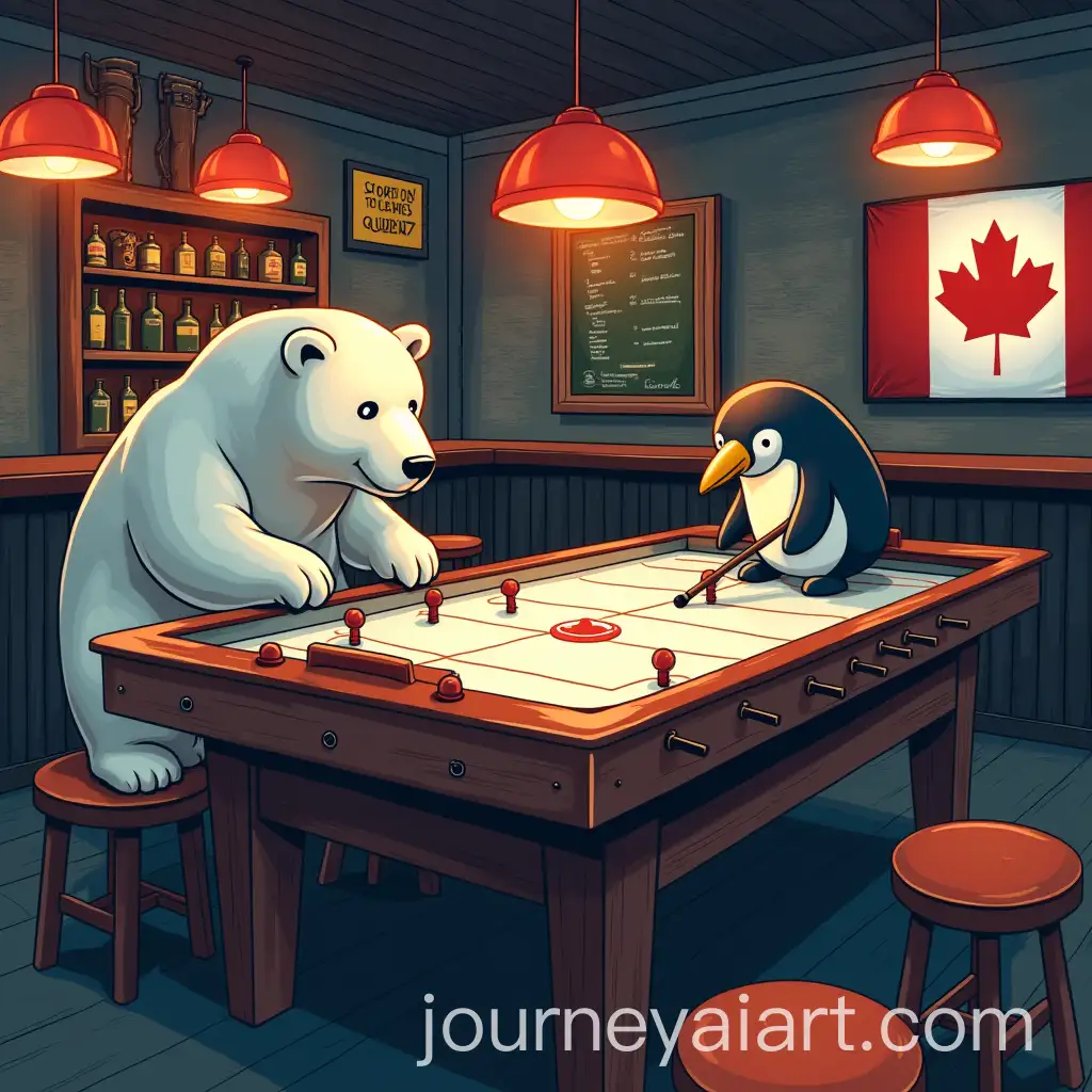 Foosball-Tournament-Poster-Featuring-a-Polar-Bear-and-Penguin-in-a-Canadian-Coast-Guard-Themed-Bar