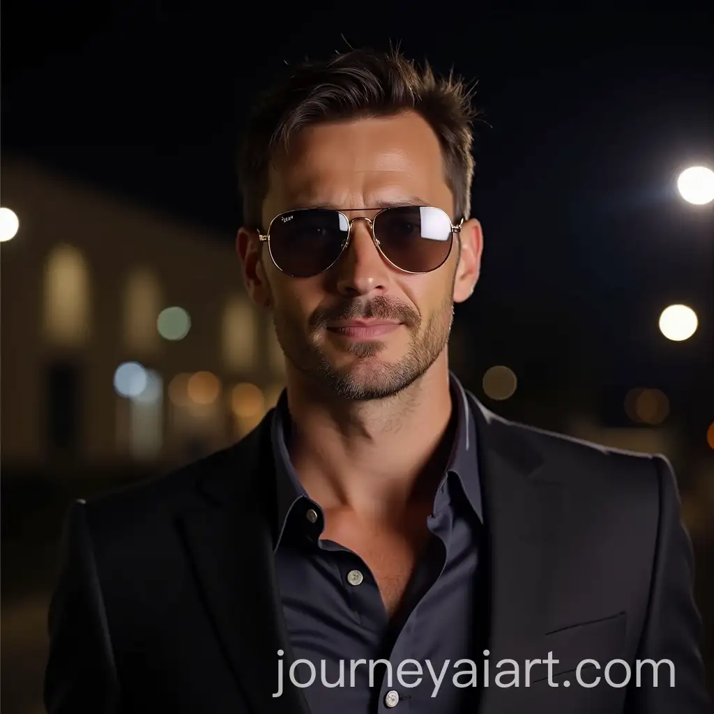 Famous-Male-Actor-in-Retro-Gold-Rim-Aviator-Sunglasses-Under-Bright-Paparazzi-Flash