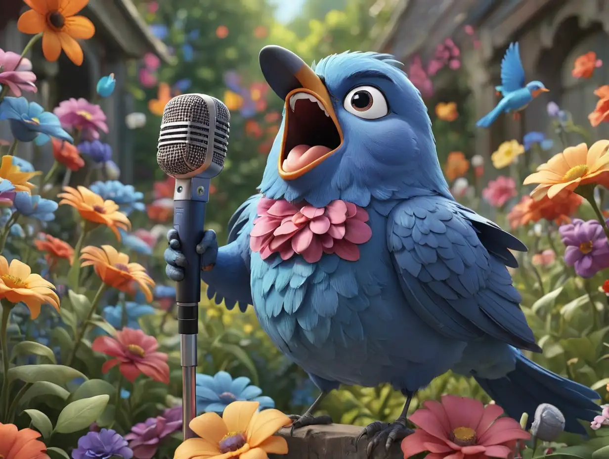a blue bird with a microphone, singing in a beautiful, colorful flower garden, 3d disney inspire
