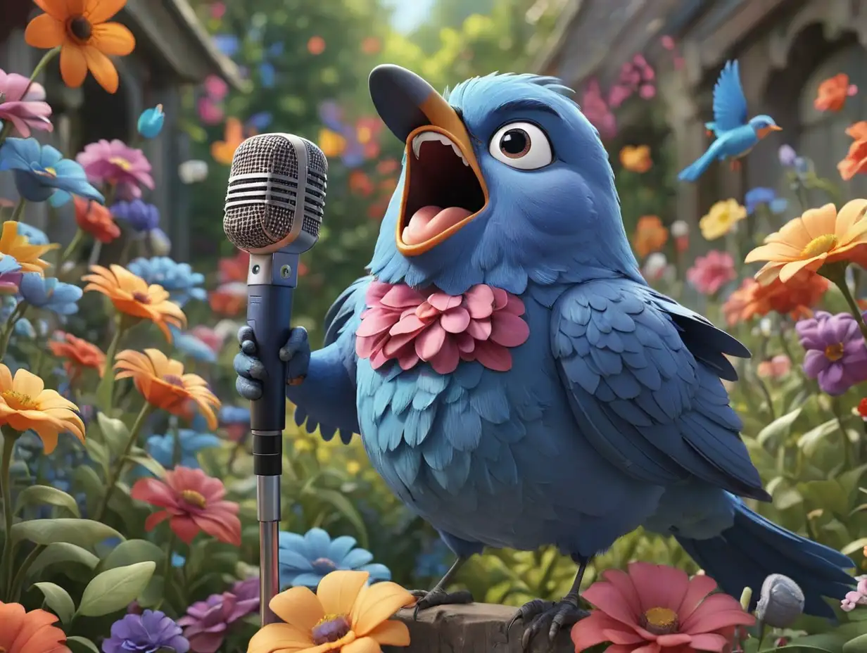 Blue-Bird-Singing-in-Colorful-Flower-Garden