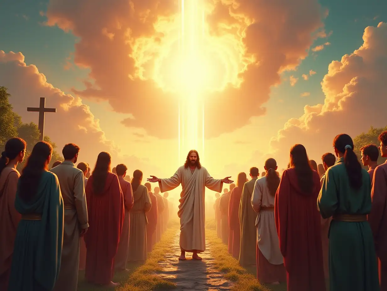 An inspiring and uplifting depiction of John 3:16, with a radiant, divine light shining down on a diverse group of people from around the world, symbolizing God's love for all humanity. In the foreground, an image of Jesus stands with open arms, offering a gesture of love and sacrifice. The background features a peaceful landscape with vibrant skies and symbols of eternal life, such as a cross and a flowing river, representing salvation and hope. The scene is filled with warmth and hope, capturing the essence of God's love, grace, and the promise of everlasting life for all who believe in Him.