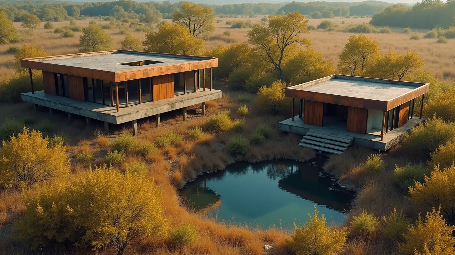 Abandoned Modern Buildings in a Serene Wilderness Landscape