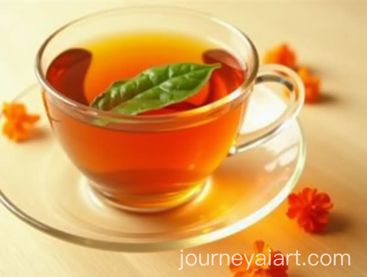 Amber-Tea-with-Basil-Leaf-and-Orange-Petals-on-LightColored-Surface