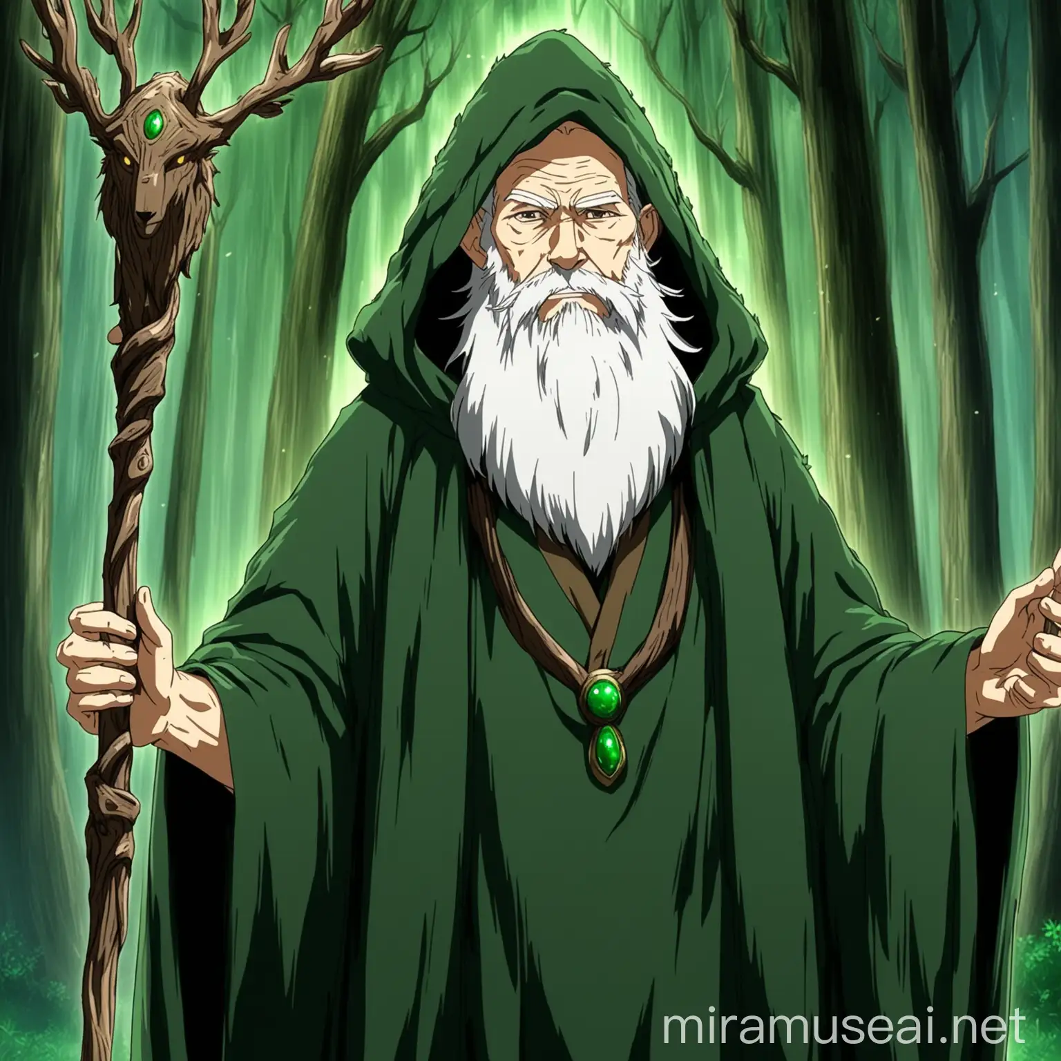 a anime oldman druid, he wears a dark green druid tunic with hood, he has long white beard, he has a magician wood staff. he has an austere and mysterious expression. in epic anime