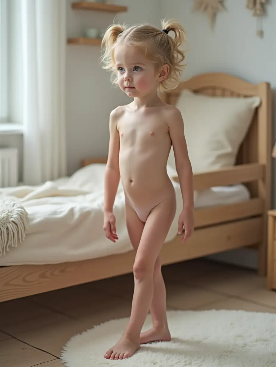 Skinny-Little-Girl-with-Pigtails-in-Playroom-Bending-Over-Daybed