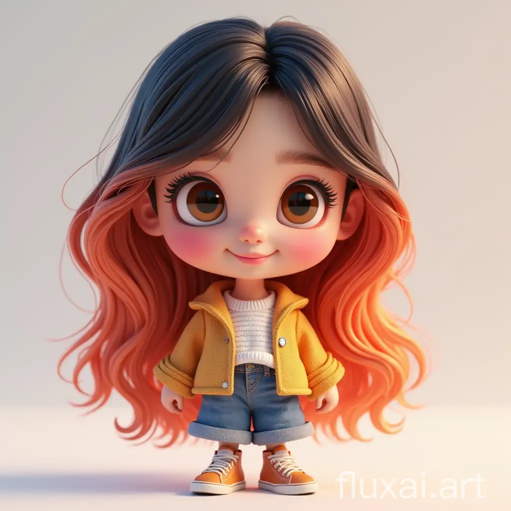 Pixar animation style girl character, 3D, C4D, hairstyle with brightly colored long waves. Slightly oversized, loose-fitting fashion style,  big and sparkly eyes, Korean girl, full size, 4 feet tall