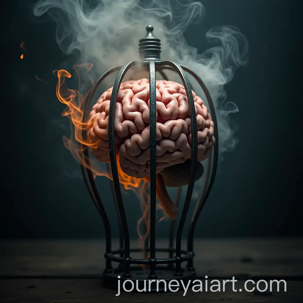 Surreal-Closeup-of-Brain-Enclosed-in-Iron-Cage-with-Swirling-Smoke-and-Fiery-Shapes