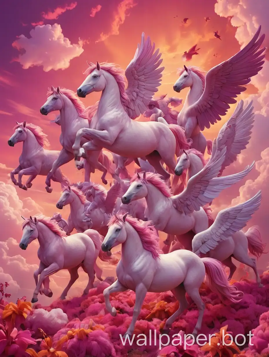 herd of pegasus in a bright colorful (fuschia, magenta, hot pink, purple, orange) sky with fluffy clouds