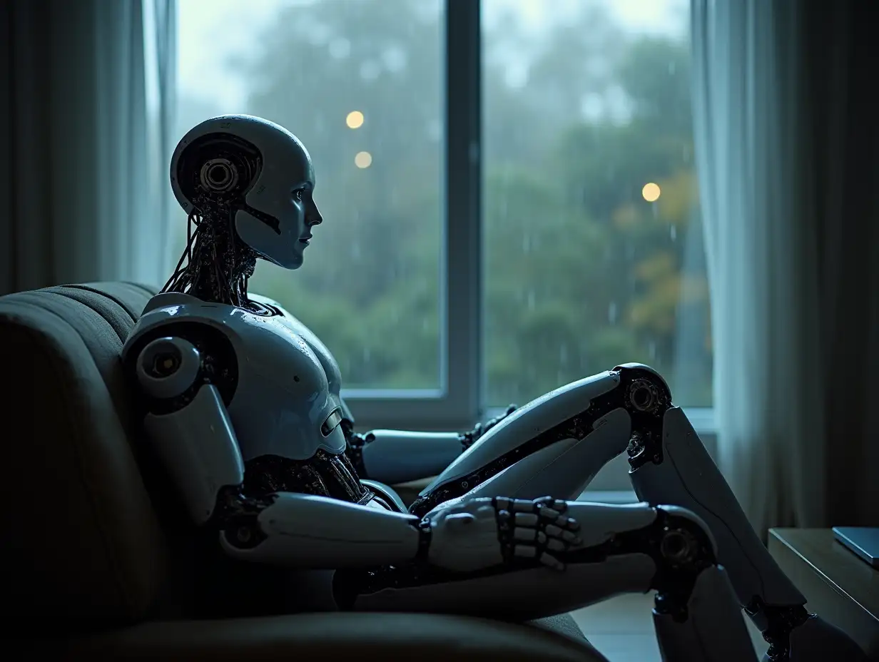 Robot-Man-Contemplating-Rain-through-Window