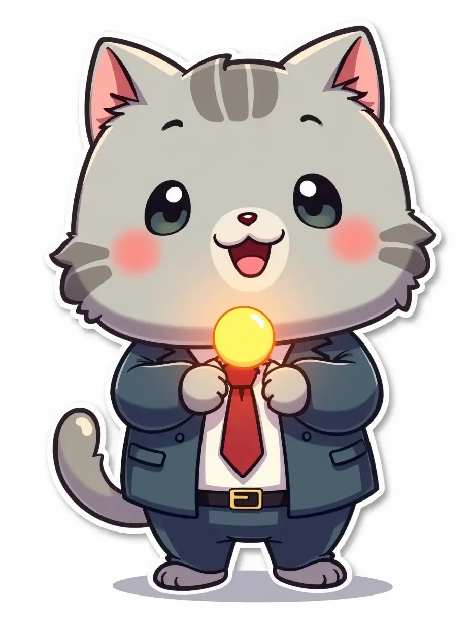 kawaii positive fluffy little gray cat in office clothes with a uranium atom between his hands, vibrant and dynamic die cut sticker design  top-view, high resolution, vector art,  UV laminated, white background, paint in anime style