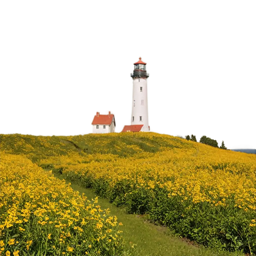 image lighthouse in the middle of the fields of yellow flowers