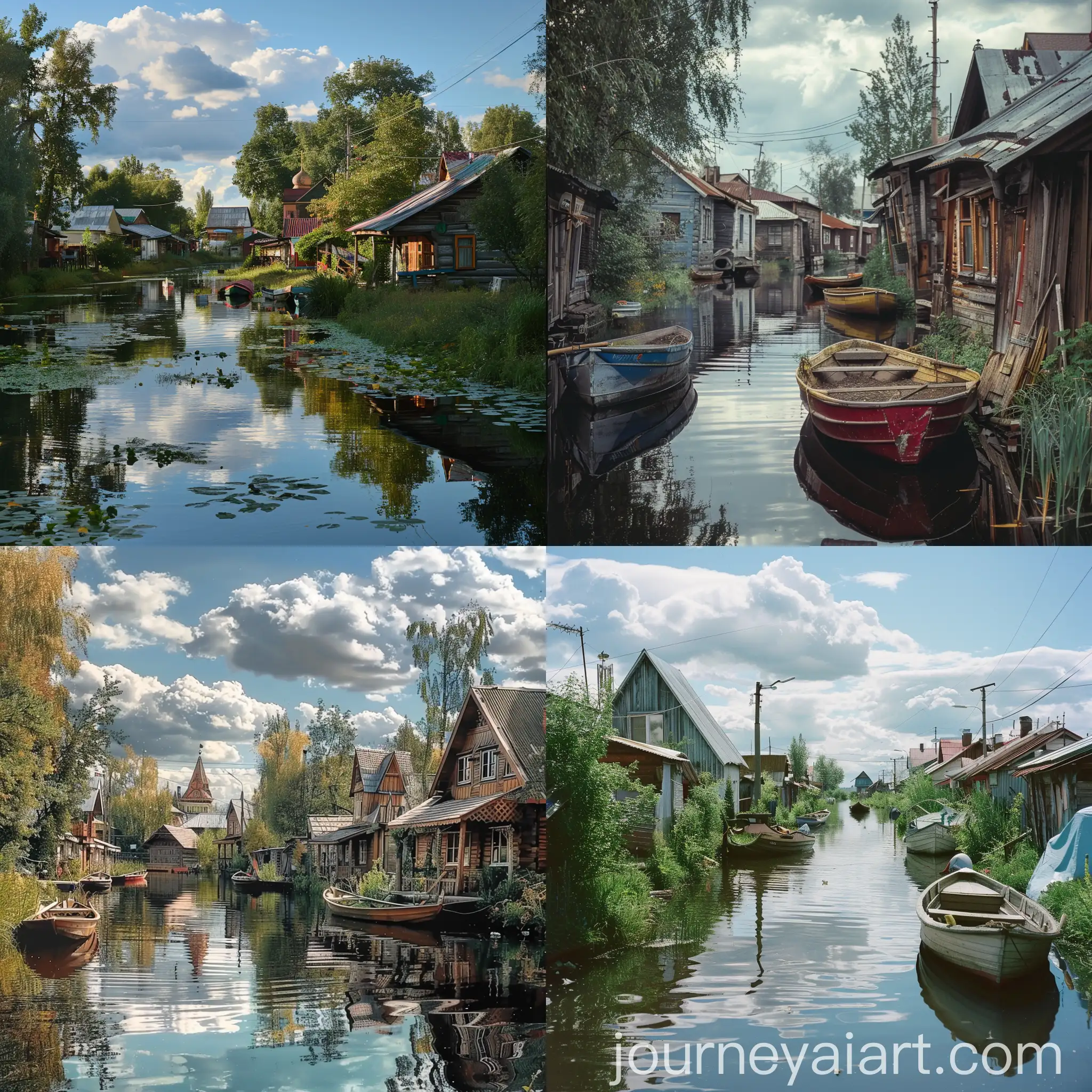 Scenic-Russian-Village-with-Dachas-Canals-and-Motorboats