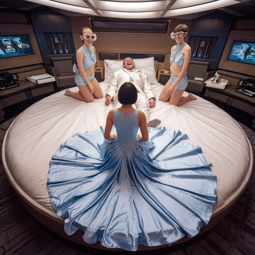 Luxury-Spaceship-Lounge-with-Laughing-Man-and-Women-in-Satin-Gowns