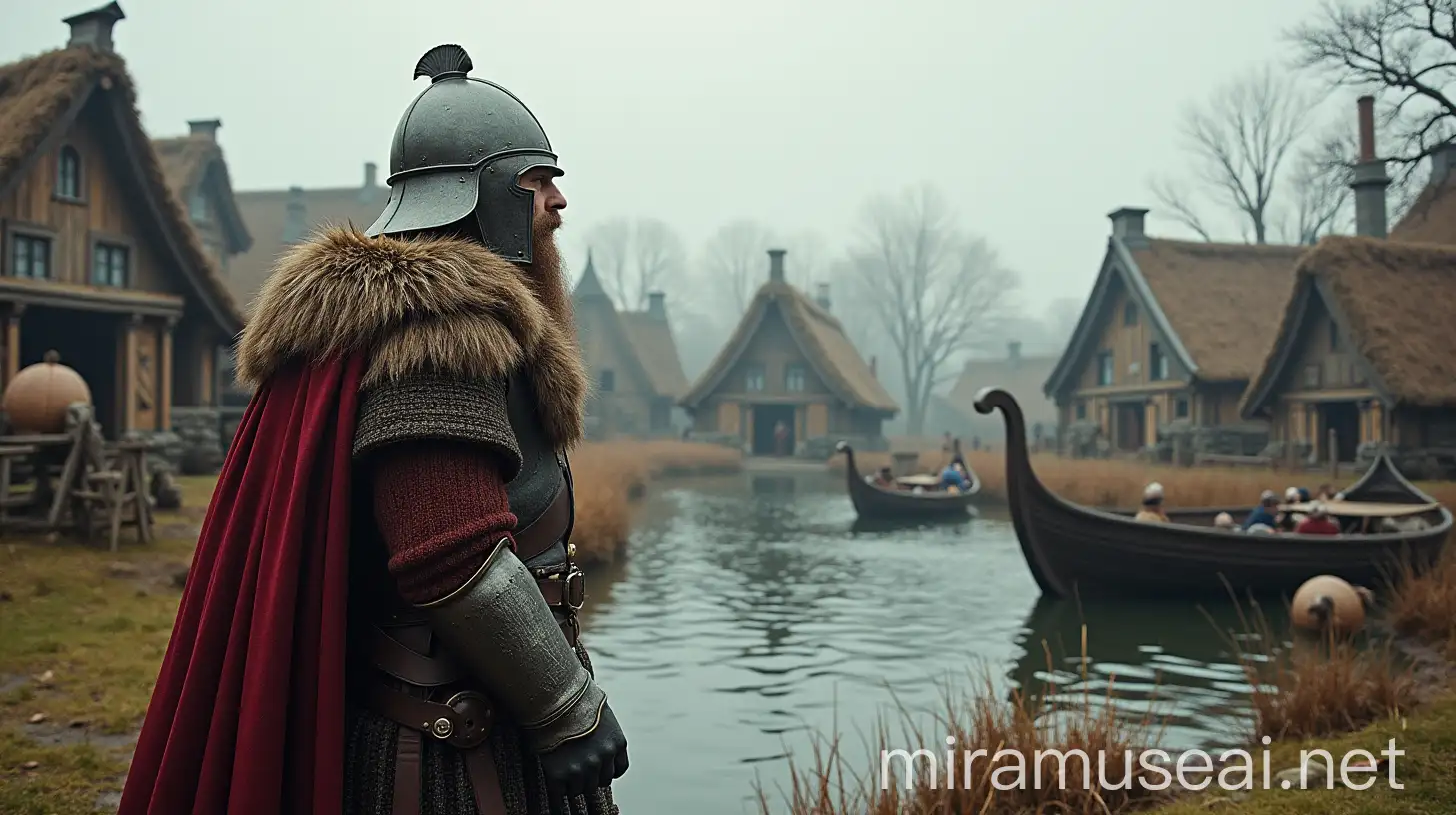 Viking Warriors in Helmets at Village with Buildings and Boat