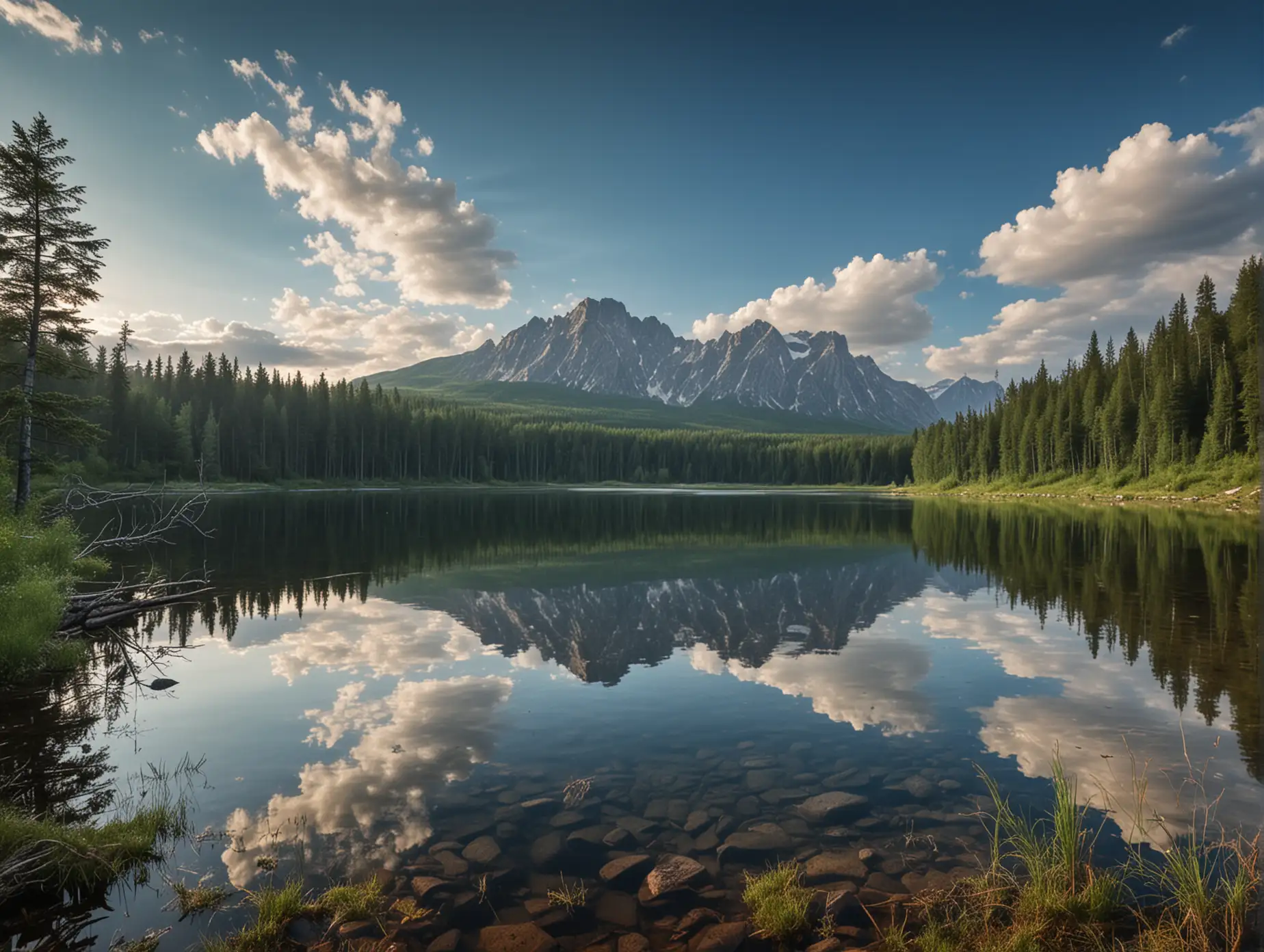 Mountain-Lake-in-Russia-with-Forest-and-Clear-Blue-Sky