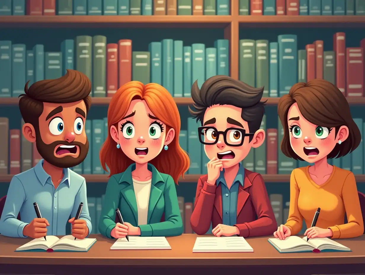 4 different adult people looking at one point in front of All of them in the library with surprise, surprised and angry and different faces, everyone sit at a single table Separately in library by each other, front view, colorful illustration.