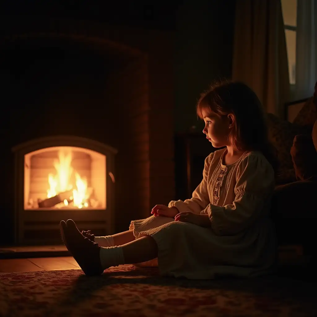 Victorian Girl Warming Feet by Fireplace at Night