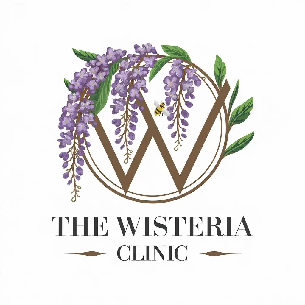 LOGO Design for The Wisteria Clinic Tranquil Wisteria Plant and Bee Theme for Beauty Spa