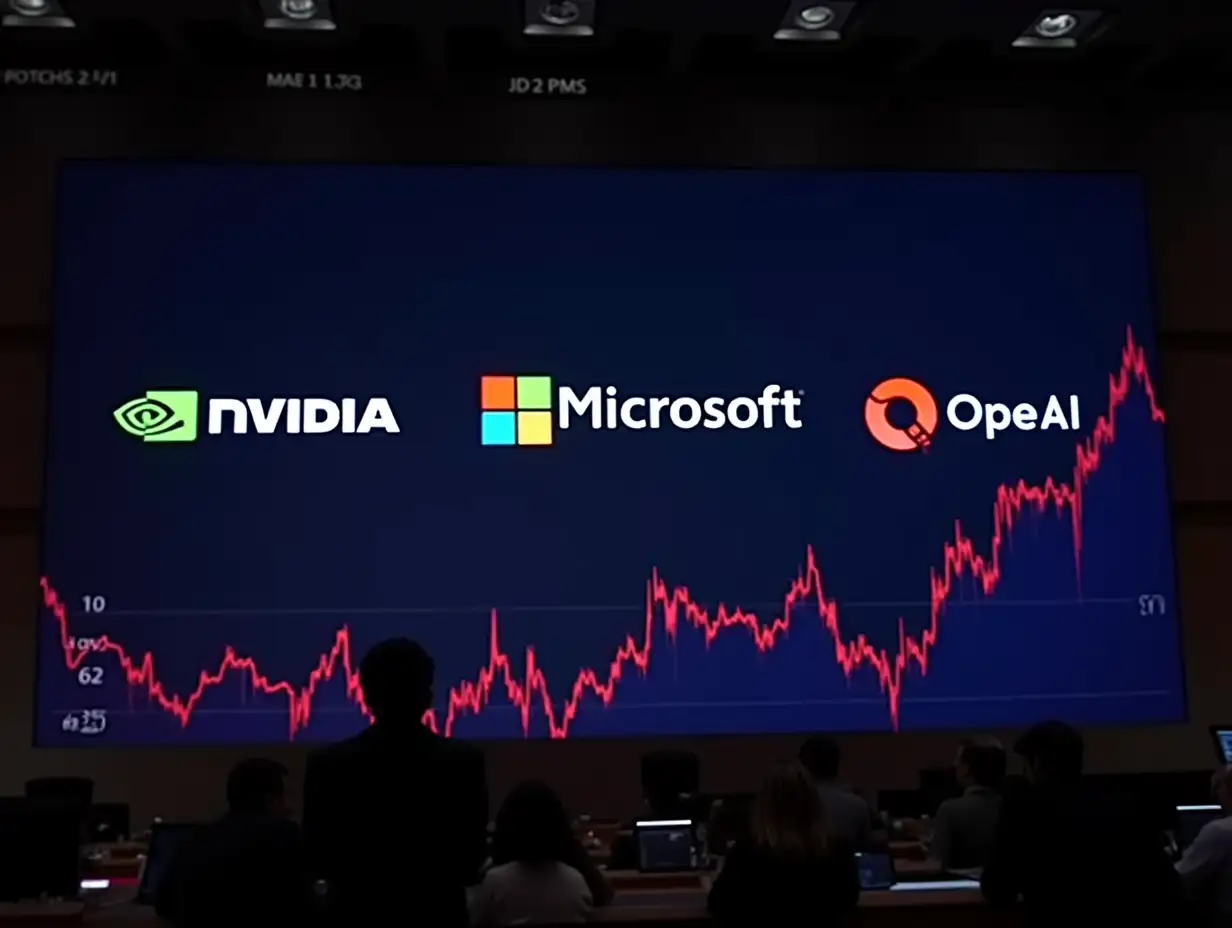 screen displaying logos of major companies (such as NVIDIA, Microsoft, OpenAI) with red shares sharply decreasing. The background shows economic numbers falling dramatically.