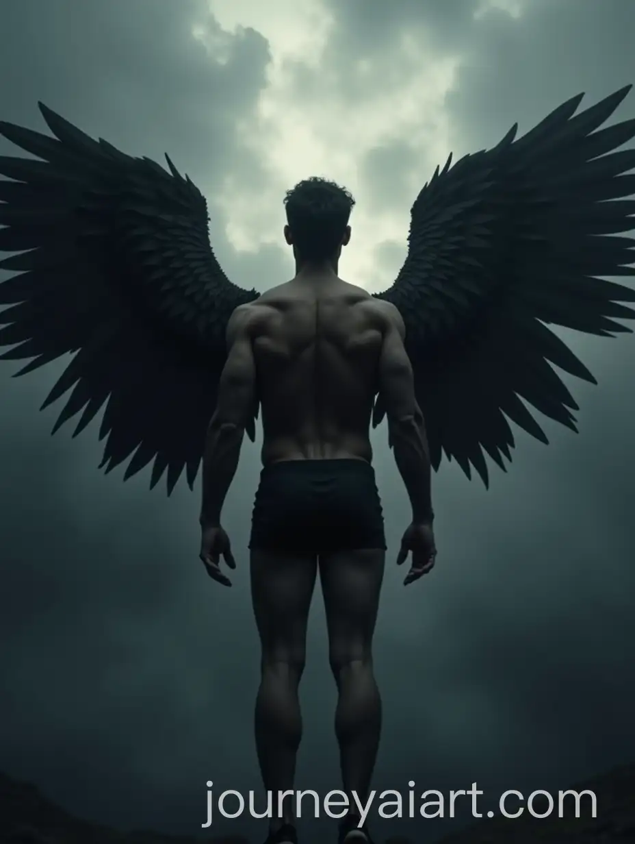 Muscular-Man-with-Black-Angel-Wings-Falling-from-Dark-Clouds