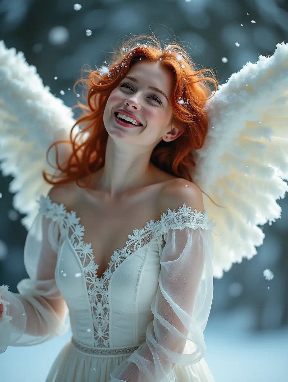 close-up a beautiful young woman is a Christmas angel with red hair, in a fantastic lace white outfit, with big fluffy white angel wings. Portrait. Dynamic pose. She smiles, enjoys the snow, raises her face to the night sky, and dances. Detailed and realistic. It seems that the big wings are opening. The falling swirling snow creates a feeling of flight, winter silence, movement and fairy tales.