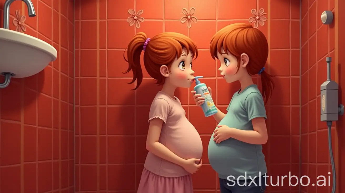 Two Adorable-Pregnant-redhead-Girl-at-Preschool-shower stall red flower tile  standing licking shower gel bottle in hand dark fabric