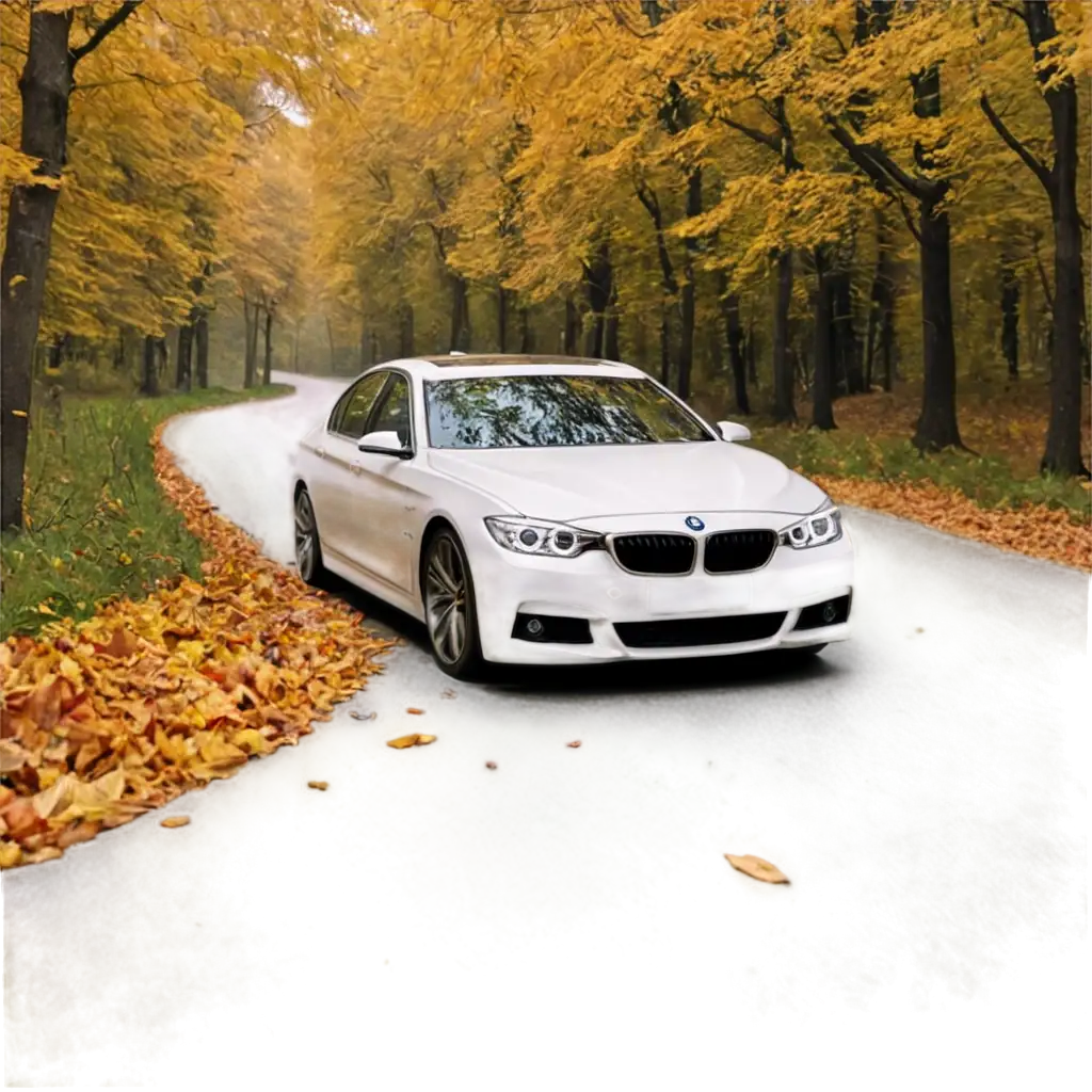 HighQuality-PNG-Image-White-BMW-F10-on-Autumn-Road-Covered-with-Leaves