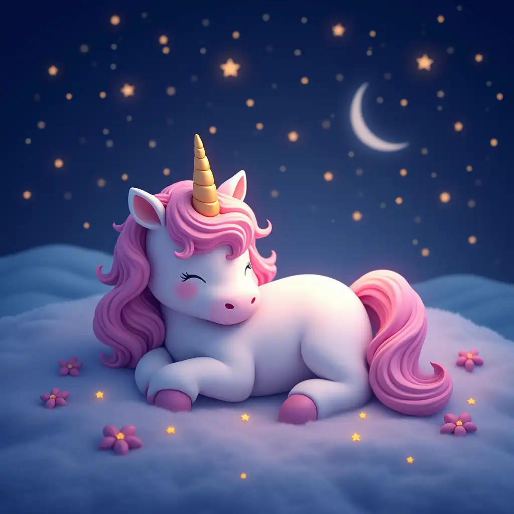 2D beautiful and adorable unicorn sleeping in a starry night