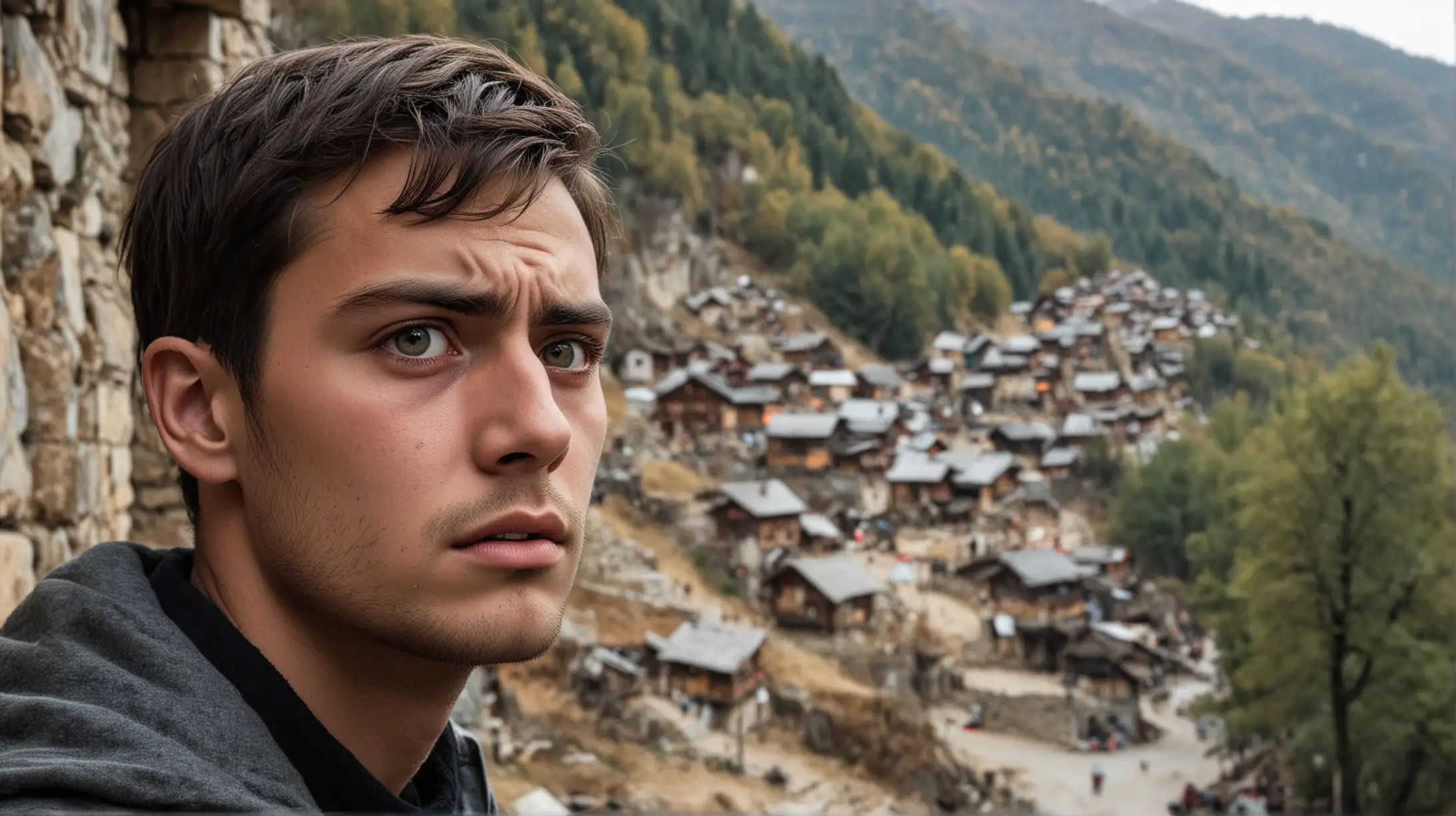 Young Man Arriving with Concern in Mountain Village