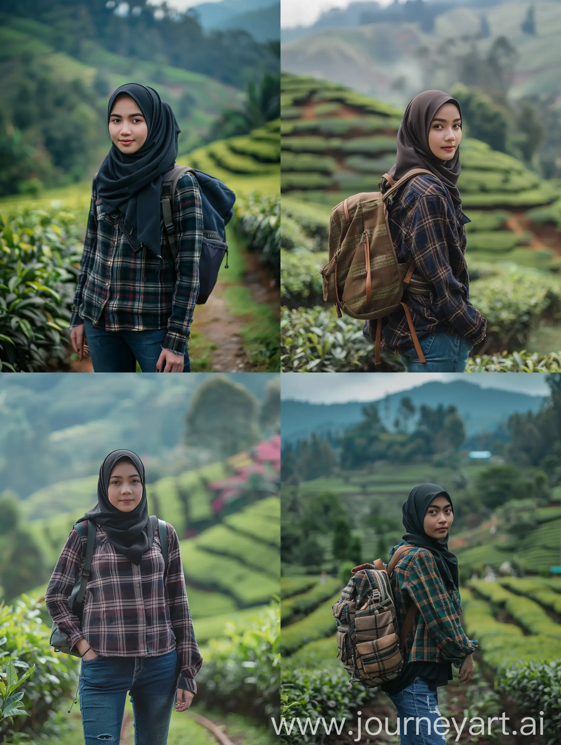 Beautiful-Indonesian-Woman-in-Hijab-at-Tea-Garden-with-Hill-View